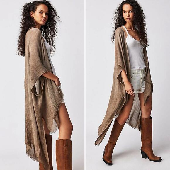 Free People Day Dream Washed Kimono in Taupe Brown One Size Fits Most Boho Playa - Picture 1 of 10